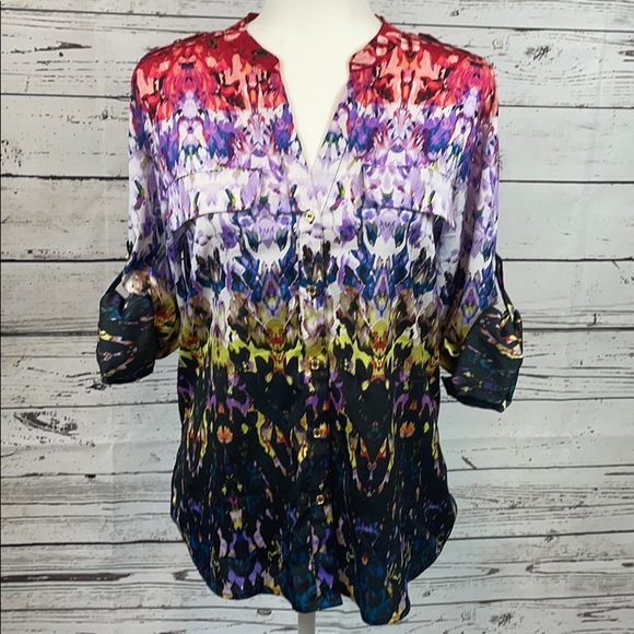 Calvin Klein- Button up, roll sleeve top, multi colored - Picture 2 of 11